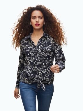 My Style Navy Floral Tie-Front Button Down Shirt Size M